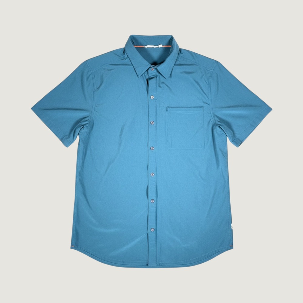 Cotopaxi Mens Medium Teal Blue Short Sleeve Button Down Stretch Hiking Shirt